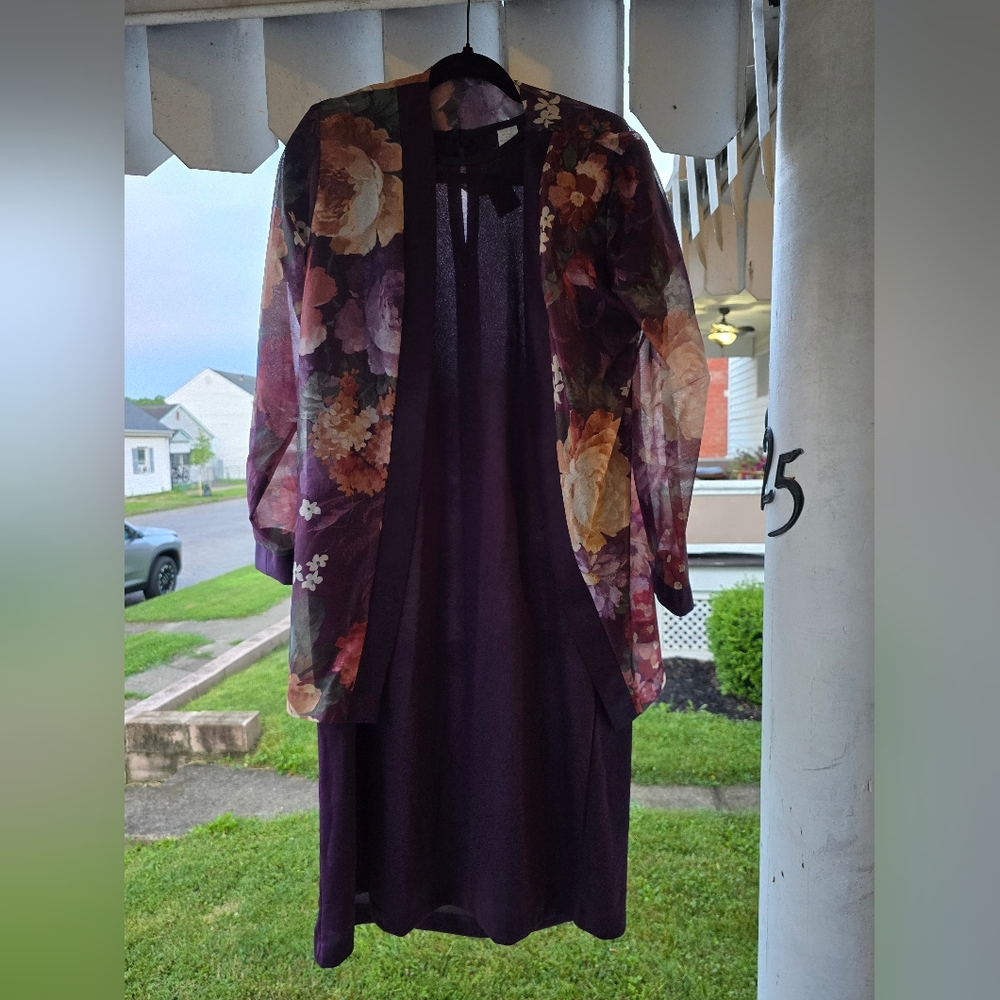 Vintage 80’s Haband! Purple Floral Open Sheer Cardigan & Matching Dress Size 12